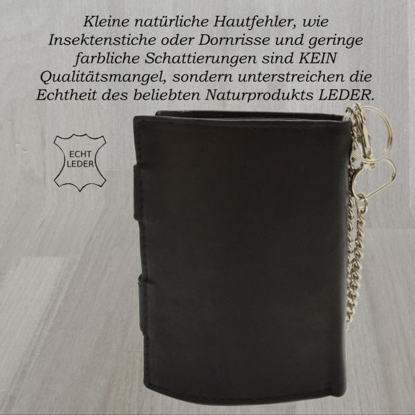 Herren Brieftasche Ledergeldbörse Hochformat mit Karabiener Hosenkette schwarz